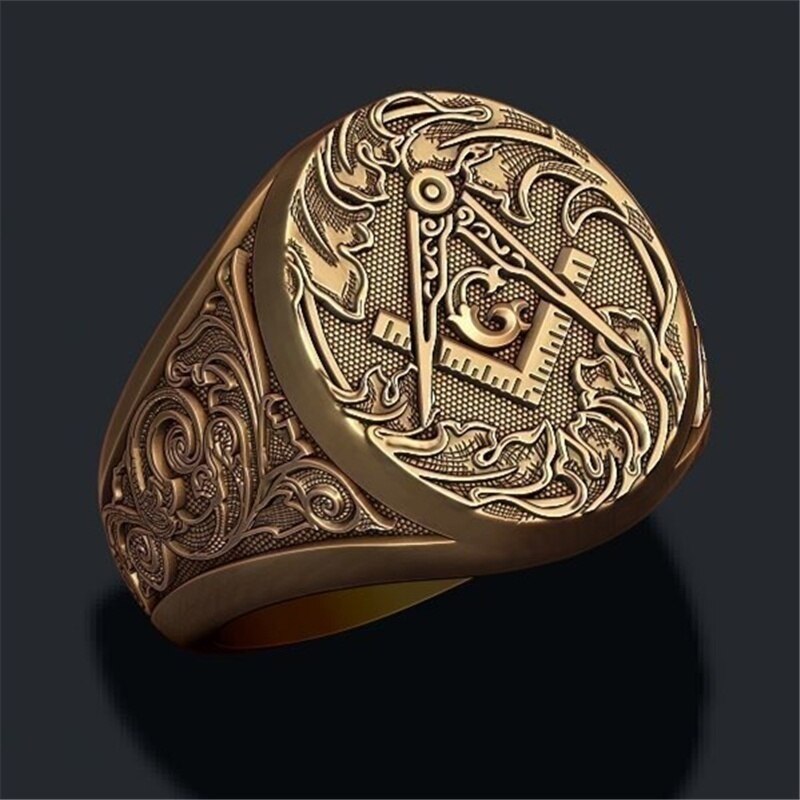 Retro Letter Ag Freemason Pattern Ring Men's Ring Metal Golden Freemason Ring Accessories Party Jewelry Size 7-12