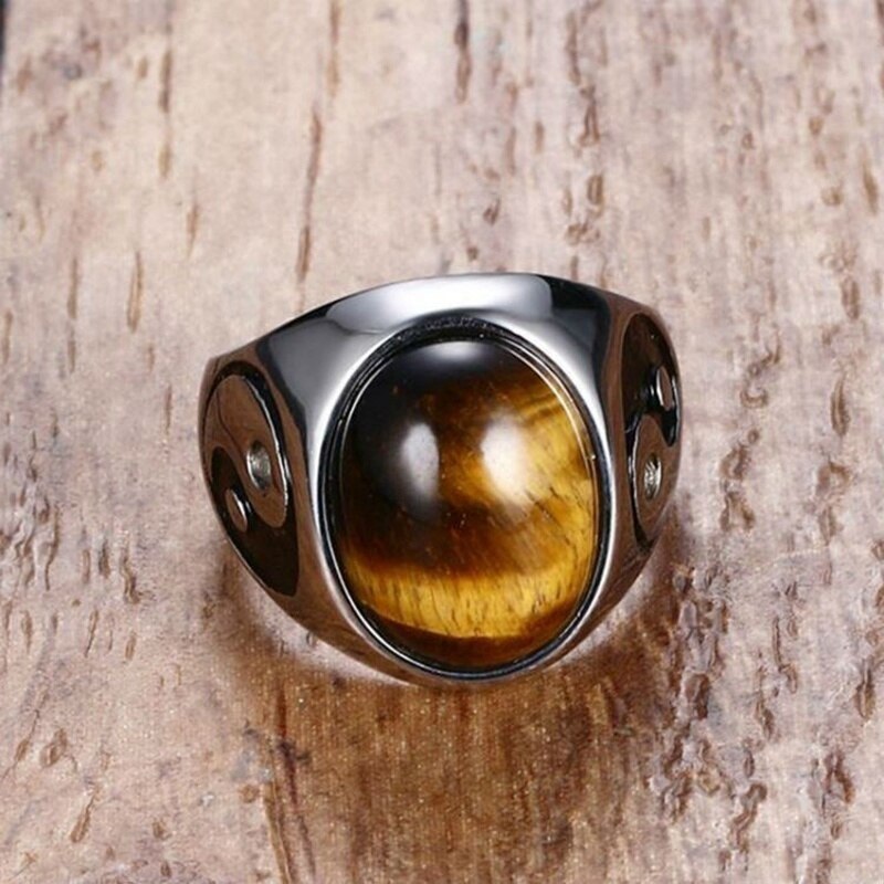 Retro Oval Cat's Eye Stone Inlaid Ring Men's Ring Bohemian Crystal Inlaid Yin and Yang Figure Ring Accessories Party Jewelry