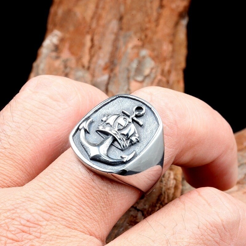Retro Viking A nchor Crown Pattern Ring Men's Ring Vintage Metal Silver-Plated Ring Accessories Party Jewelry