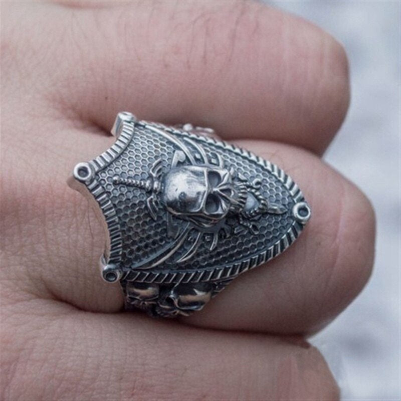 Retro Warrior Sword and Shield Inlaid Skull Ring Men's Ring Vintage Ring Accessories Party Jewelry
