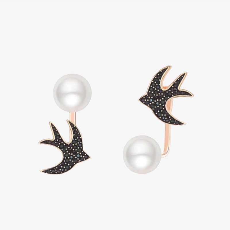 New Rose Gold Color Swallow Earrings For Women Fashion Asymmetric Pearl Back Hanging Ear Nail Black CZ Stone Stud Earrings