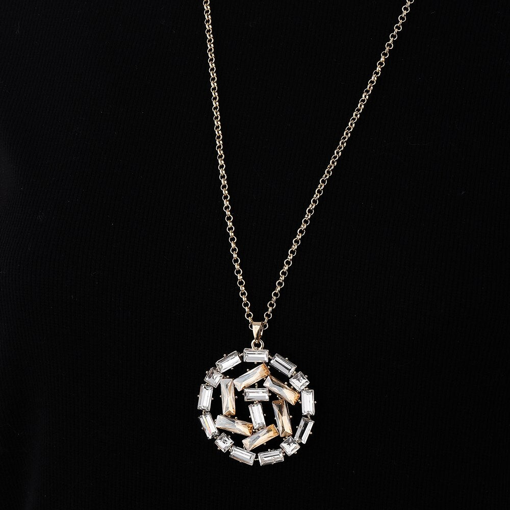 Round Geometric Pendant Necklace For Woman Gold Color Squre Zircon Trendy Long Necklaces Jewelry Women Accessories