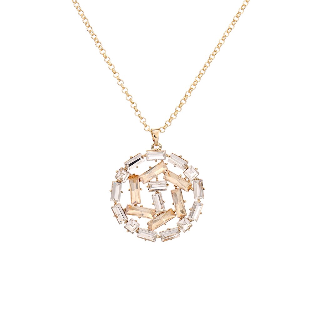 Round Geometric Pendant Necklace For Woman Gold Color Squre Zircon Trendy Long Necklaces Jewelry Women Accessories