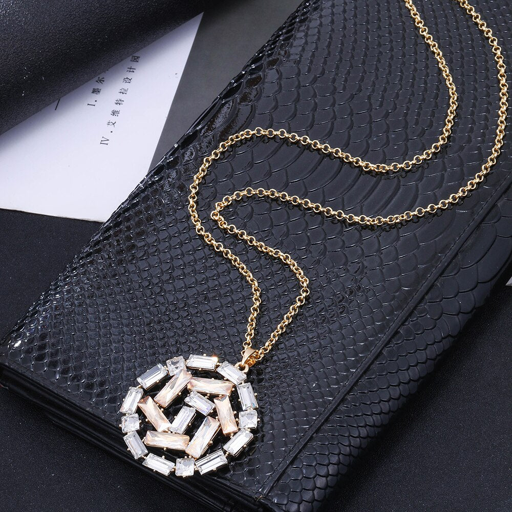 Round Geometric Pendant Necklace For Woman Gold Color Squre Zircon Trendy Long Necklaces Jewelry Women Accessories