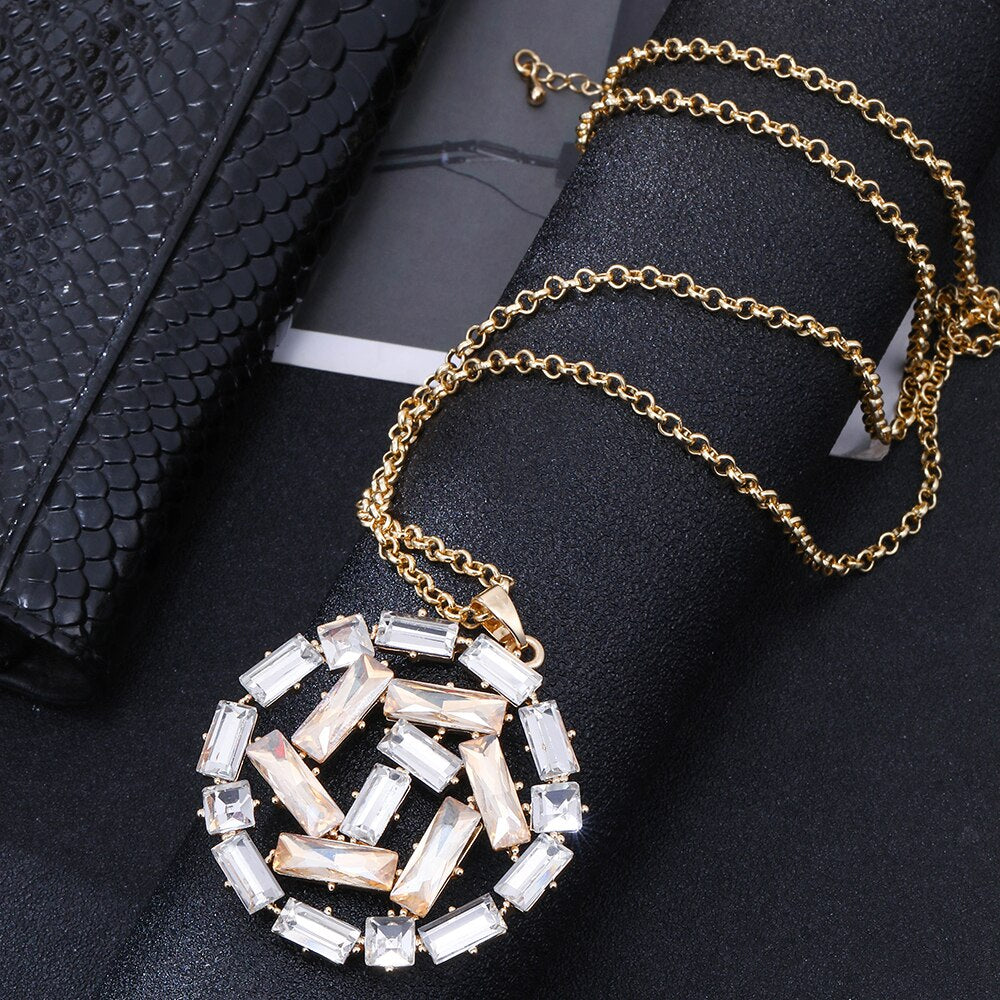 Round Geometric Pendant Necklace For Woman Gold Color Squre Zircon Trendy Long Necklaces Jewelry Women Accessories