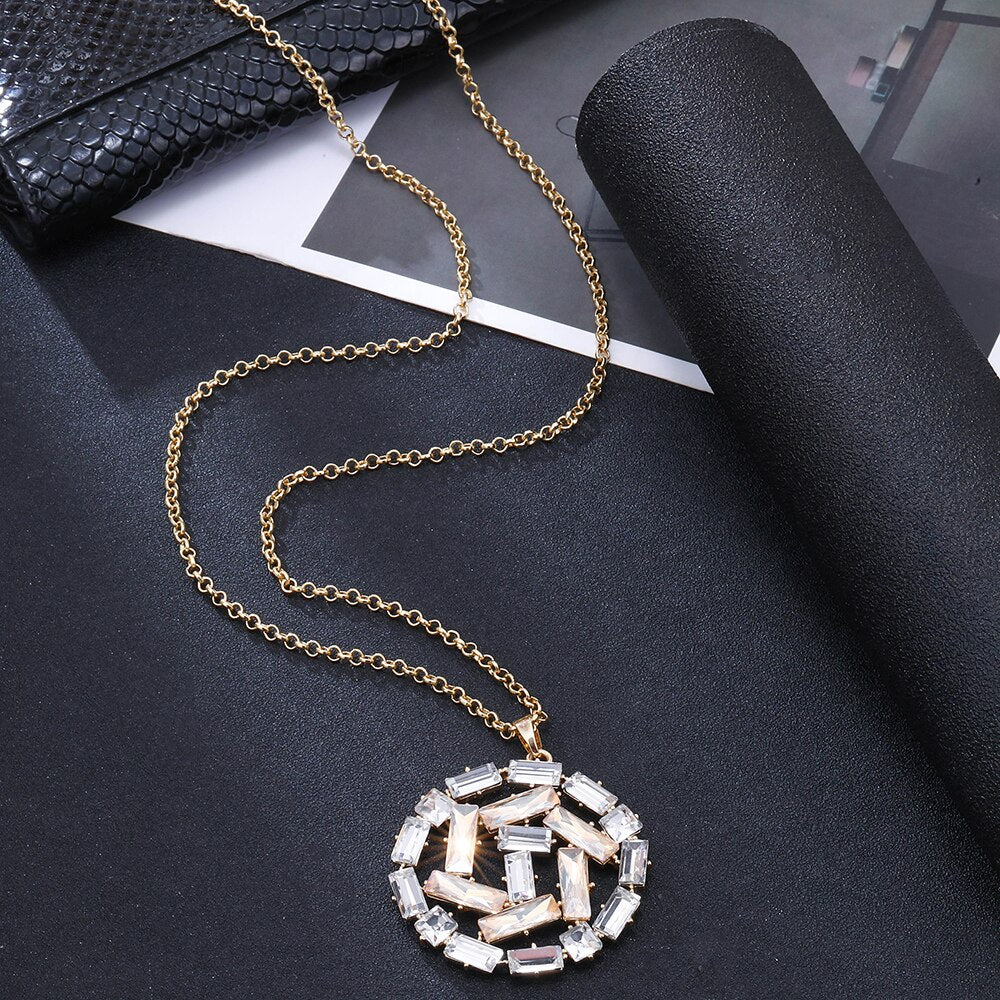 Round Geometric Pendant Necklace For Woman Gold Color Squre Zircon Trendy Long Necklaces Jewelry Women Accessories