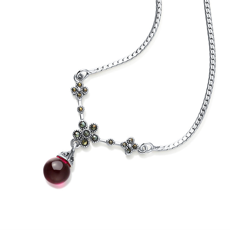 New Ruby & Marcasite Stone 925 Sterling Silver Necklace for Women Flower Link Chains for Women Lady Fine Jewelry Best Gift