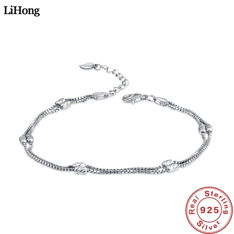 New Sale 925 Sterling Silver Bracelet Double Box Chain Ladies Beads 100% 925 Sterling Silver Bracelet Brand Jewelry
