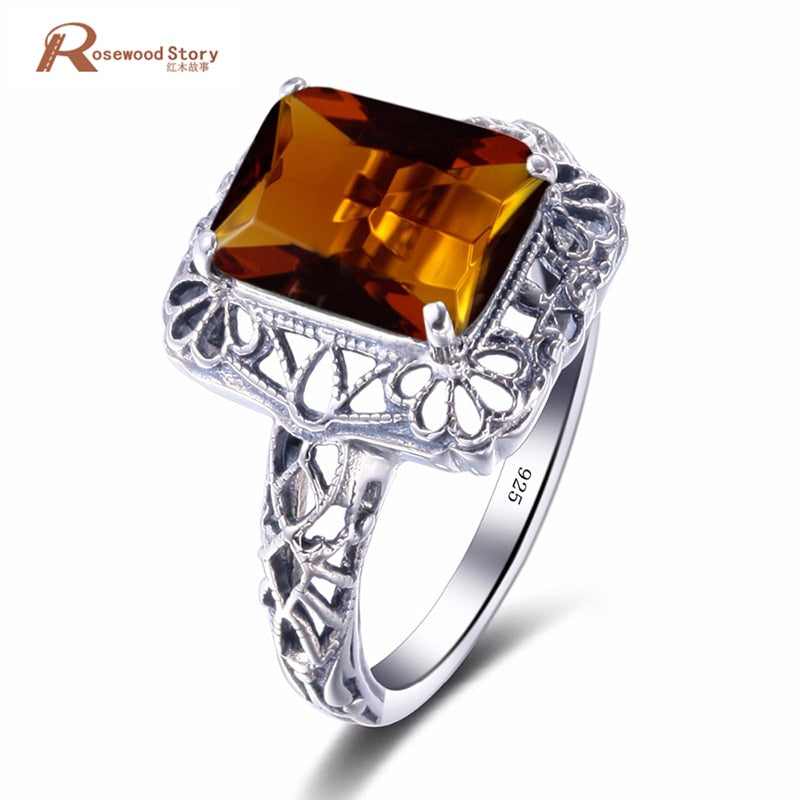 New Sexy Lady Charm Handmade Luxury Brown Stone Amber Wedding Engagement Ring Real 925 Sterling Silver Ring Vintage for Women