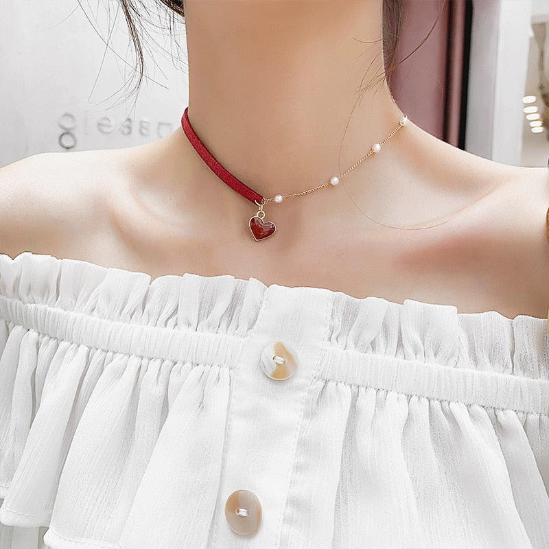 Short Small Red Heart Simple Temperament Net Red Love Necklace Pearl Chain Necklace Red Rope Necklace Women Wedding Jewelry