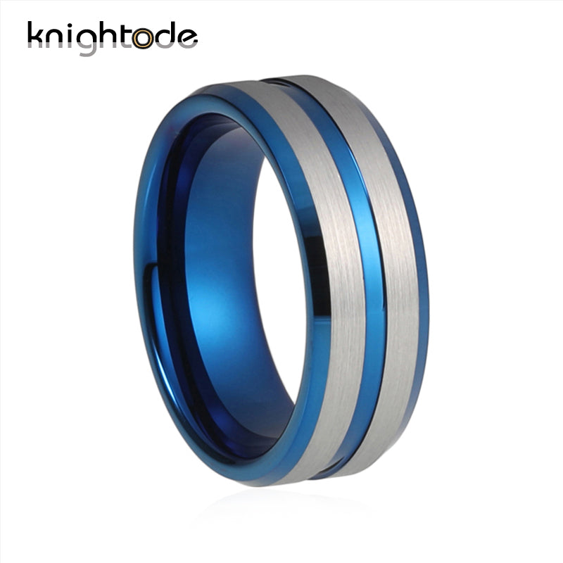 New Silver Blue Tungsten Ring For Men Women Wedding Band Tungsten Carbide Jewelry Brushed Polished Grooved Center