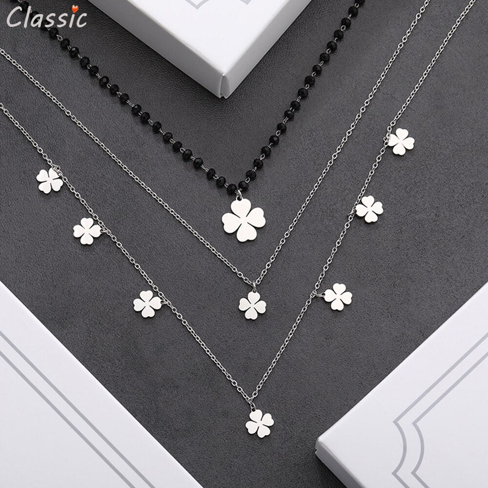 Silver Color Clover Pendent Stainless Steel Necklaces 3-Layer Black Beads Chain Trendy Necklace For Woman Vintage Jewelry