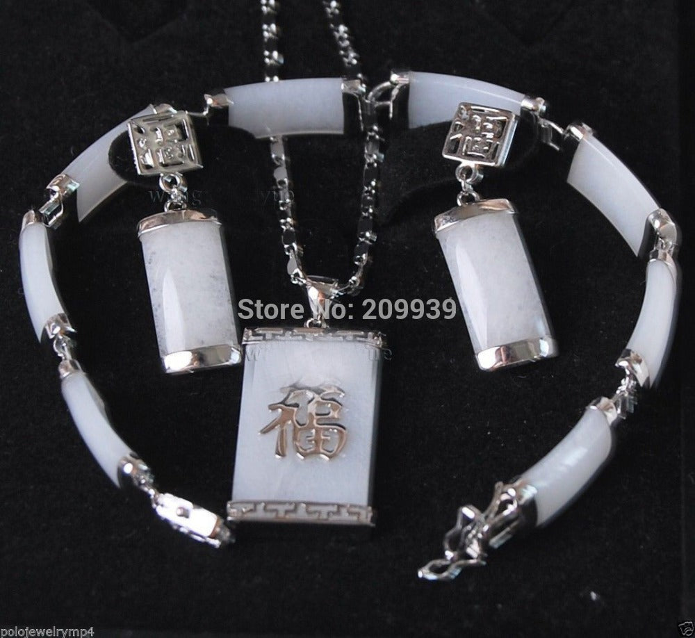 New Silver Plated White pendant Errings Bracelet set + chain