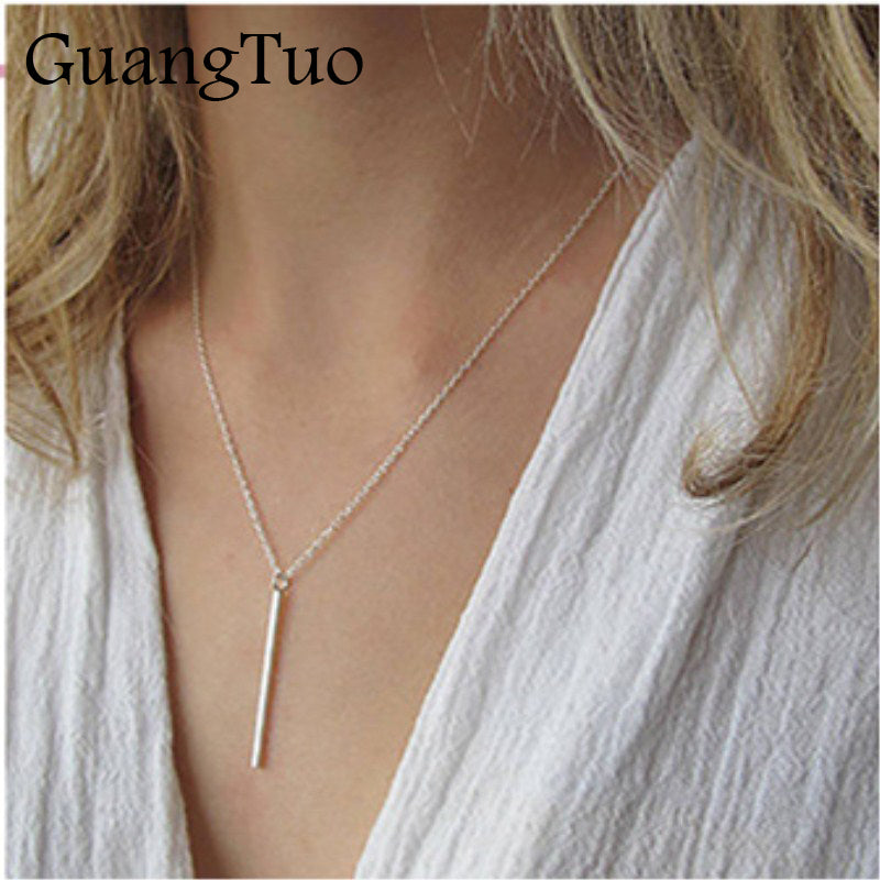 New Simple Classic Fashion Stick Pendant Necklace Silver Chain Square Copper Collares Long Strip Charm Bar Jewelry for Women