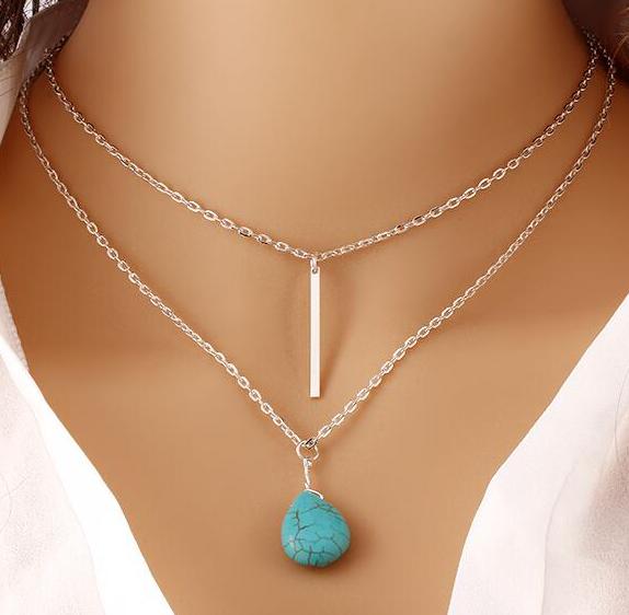 New Simple Fashion Bohemian Long Green stone Water Droplets Metal Chain Tassel Pendant Necklace Jewelry Woman