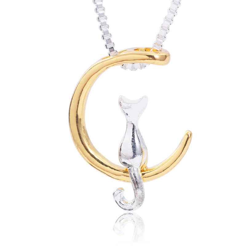 New Simple Temperament Silver Cat Sitting On The Moon Pendant Necklace Women Gift Clavicle Chain Long Necklace Dropshipping