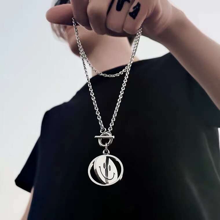 Smile Sad Double Faces Pendant Necklace Men Women Trendy Simple Jewelry Gift Silver Color Urban Boys