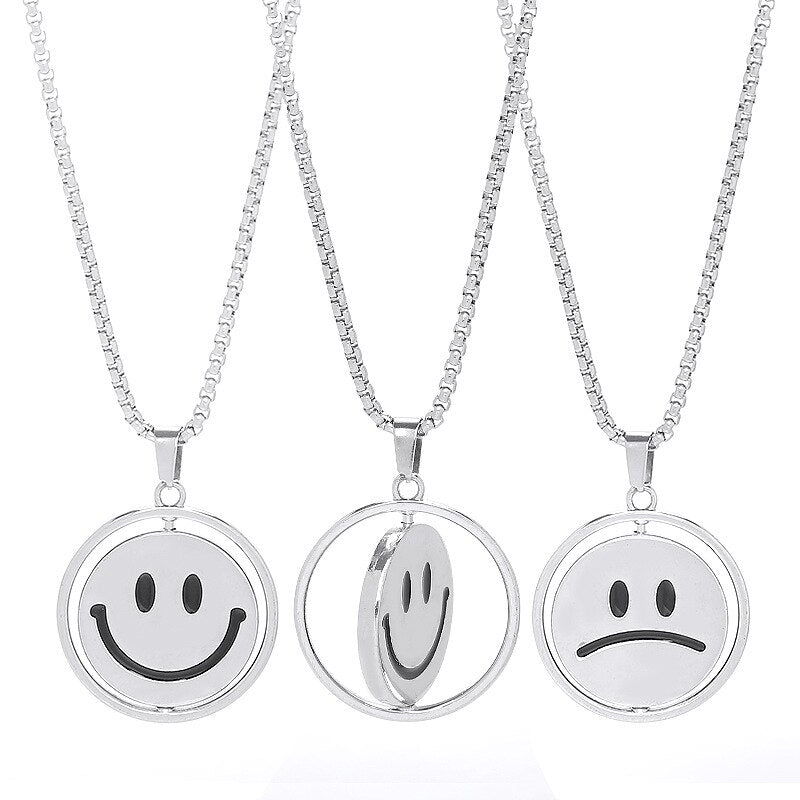 Smile Sad Double Faces Pendant Necklace Men Women Trendy Simple Jewelry Gift Silver Color Urban Boys