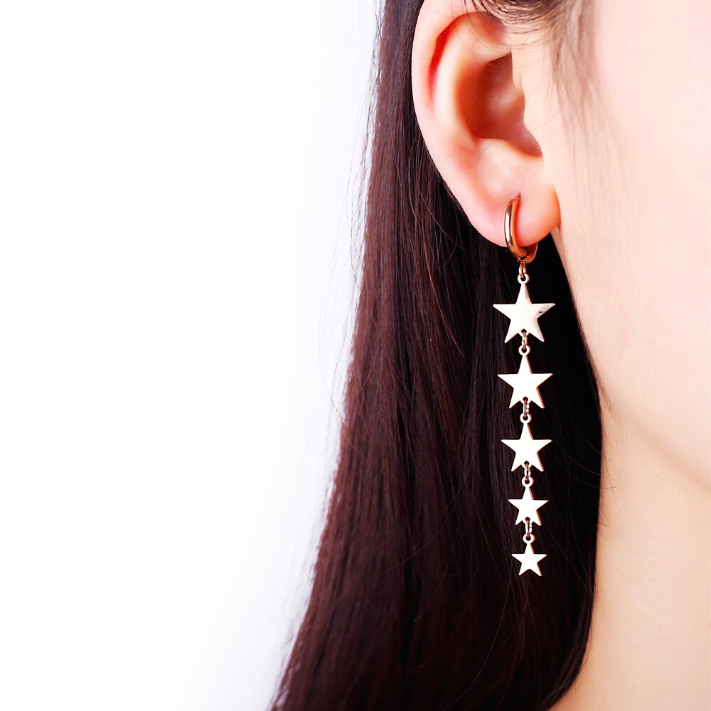 Stainless Steel Stars Hoop Earrings Silver Color Long Tassel Dangle Clip On Earring For Friends Jewelry Pendientes
