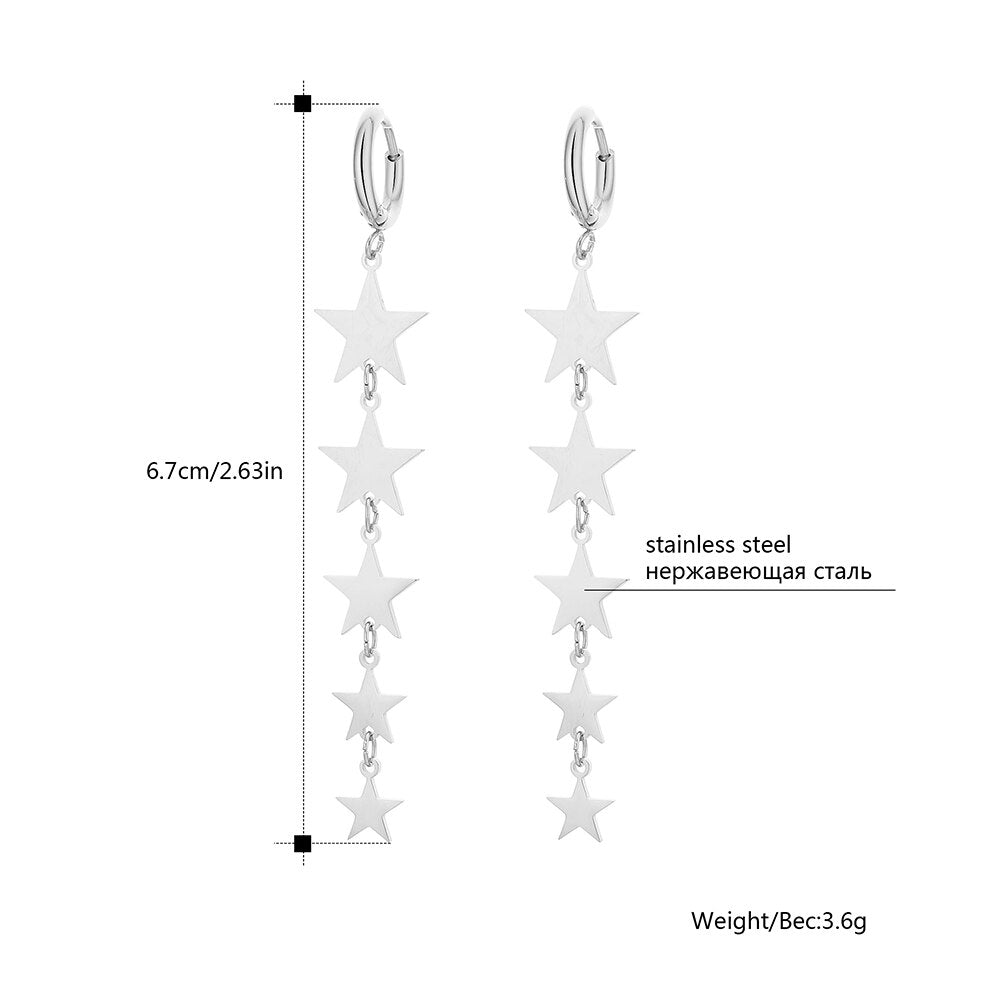 Stainless Steel Stars Hoop Earrings Silver Color Long Tassel Dangle Clip On Earring For Friends Jewelry Pendientes