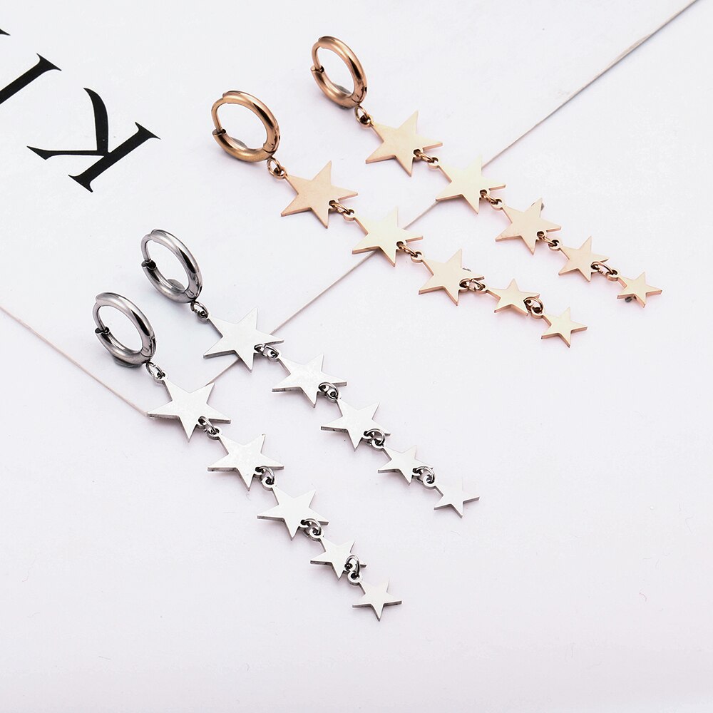 Stainless Steel Stars Hoop Earrings Silver Color Long Tassel Dangle Clip On Earring For Friends Jewelry Pendientes