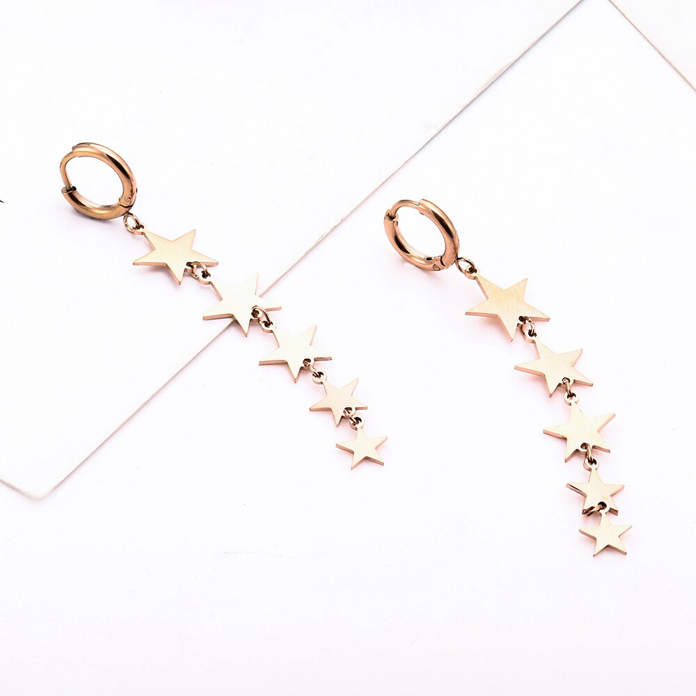 Stainless Steel Stars Hoop Earrings Silver Color Long Tassel Dangle Clip On Earring For Friends Jewelry Pendientes