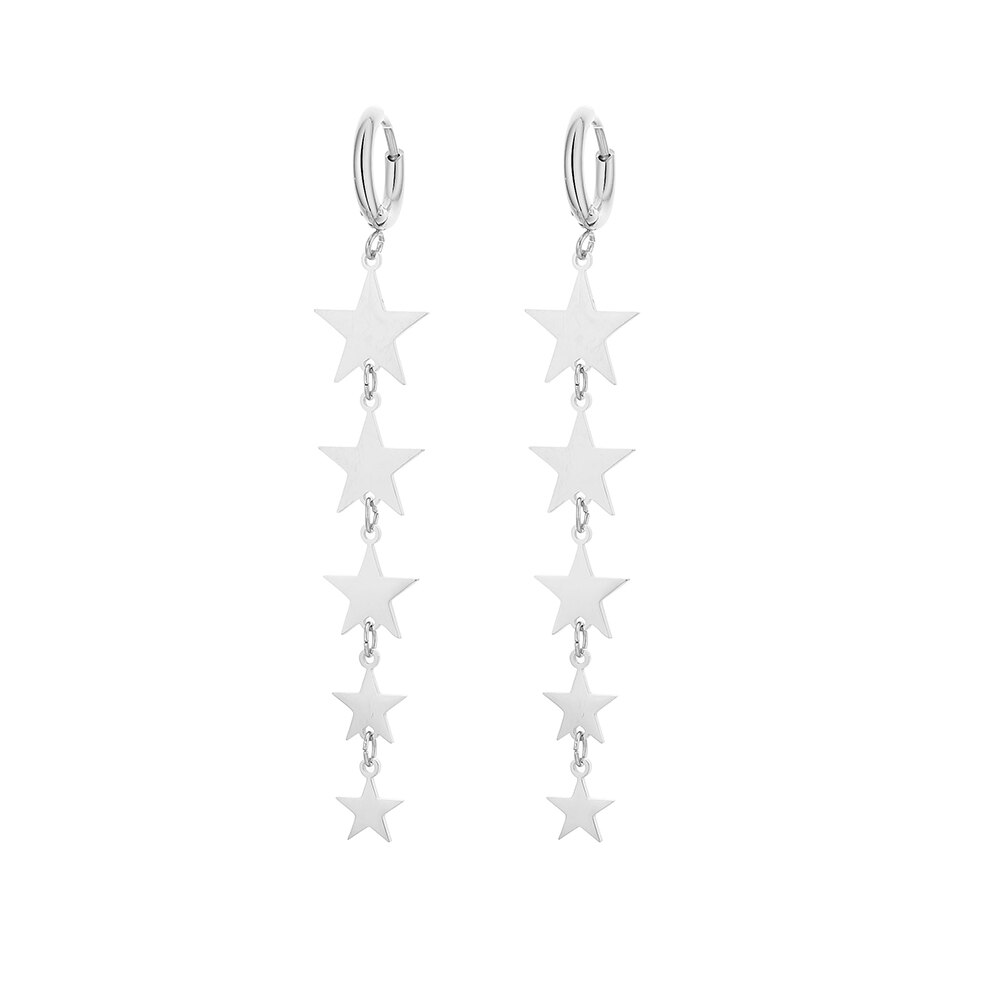 Stainless Steel Stars Hoop Earrings Silver Color Long Tassel Dangle Clip On Earring For Friends Jewelry Pendientes