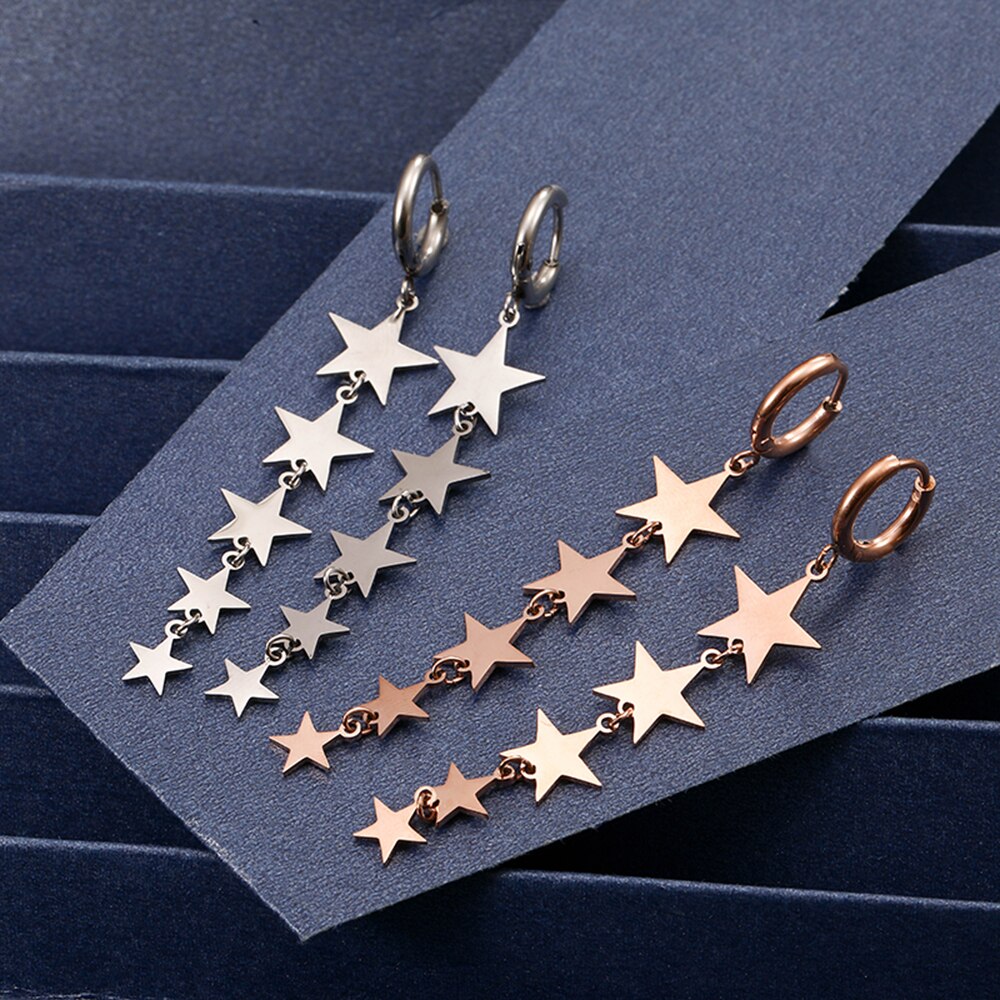 Stainless Steel Stars Hoop Earrings Silver Color Long Tassel Dangle Clip On Earring For Friends Jewelry Pendientes