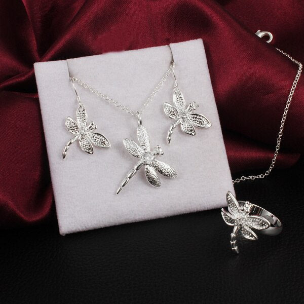 Street 925 Sterling Silver Crystal dragonfly pendant necklace earring ring for women Jewelry set Party wedding gifts
