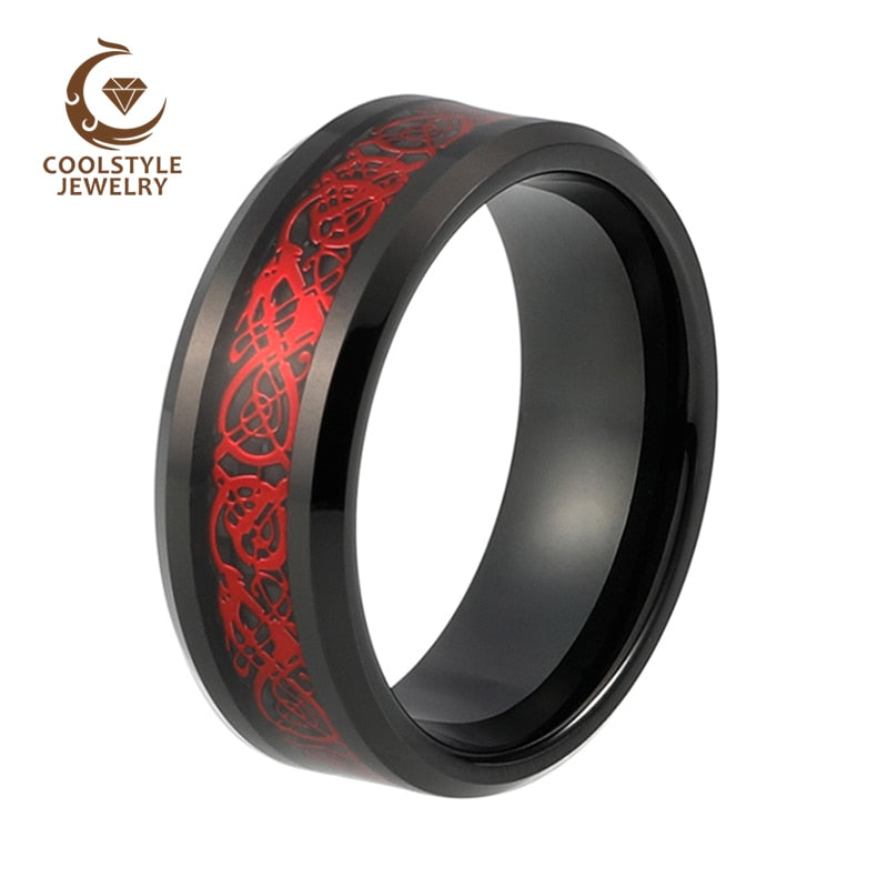 New Style 8mm Black Tungsten Carbide Ring Red Dragon over Black Carbon Fibre Mens Womens Wedding Band Size 5-15