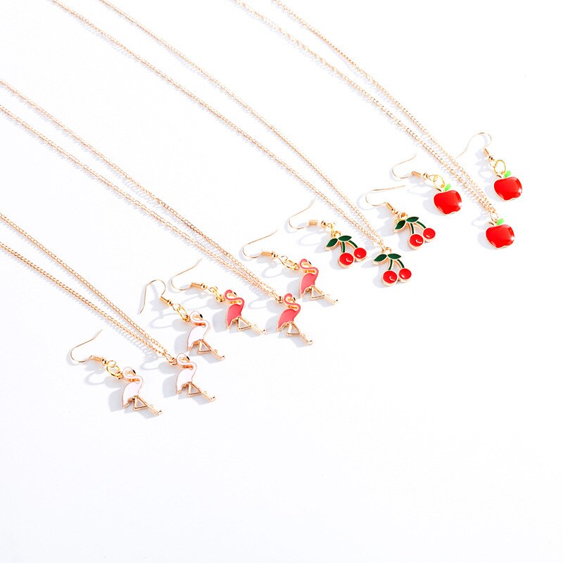 Sweet Enamel Alloy Pendant Chain earrings Necklace Set Fruit Animal  Sets Jewelry Gifts