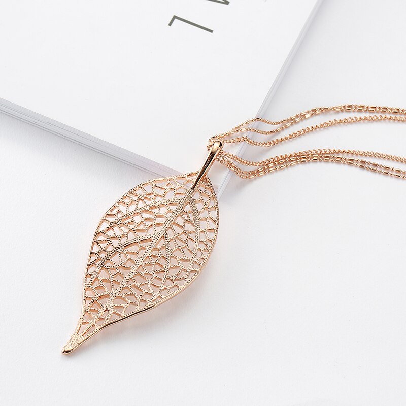 Tendency Big Leaves Pendant Necklace Silverly Gold color Stainless Steel Sweater Coat Necklaces For Women Statement Jewelry