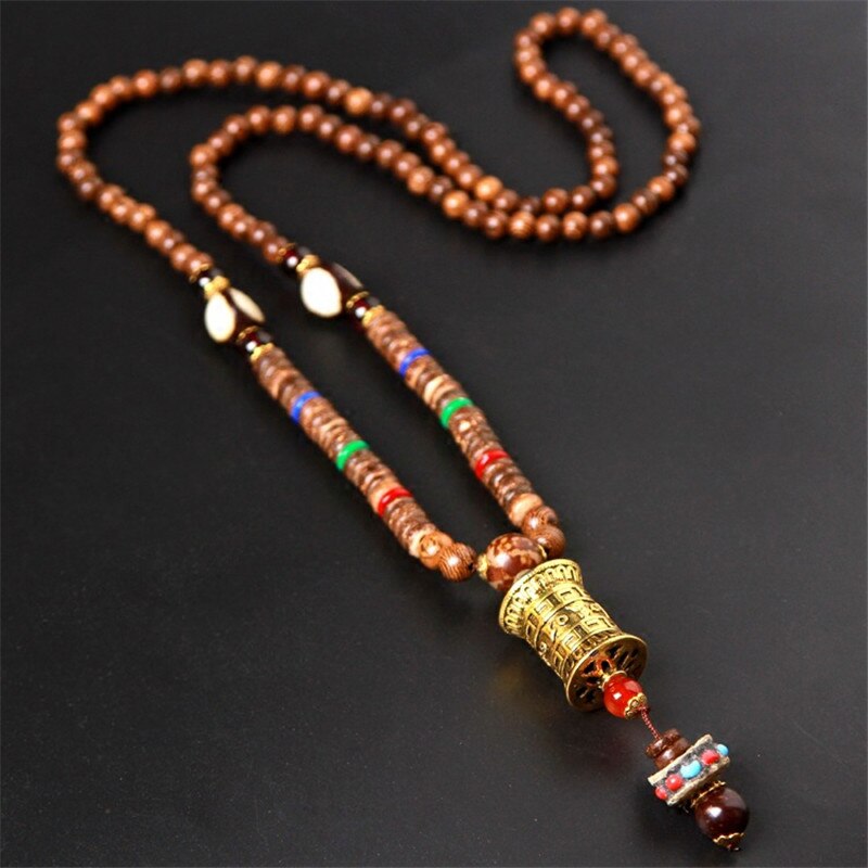 Tibet Prayer Wheel Charms Pendant Necklace Buddhist Mala Wood Beads Necklaces Vintage Mantra Long Sweater Necklace