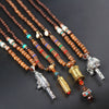 Tibet Prayer Wheel Charms Pendant Necklace Buddhist Mala Wood Beads Necklaces Vintage Mantra Long Sweater Necklace