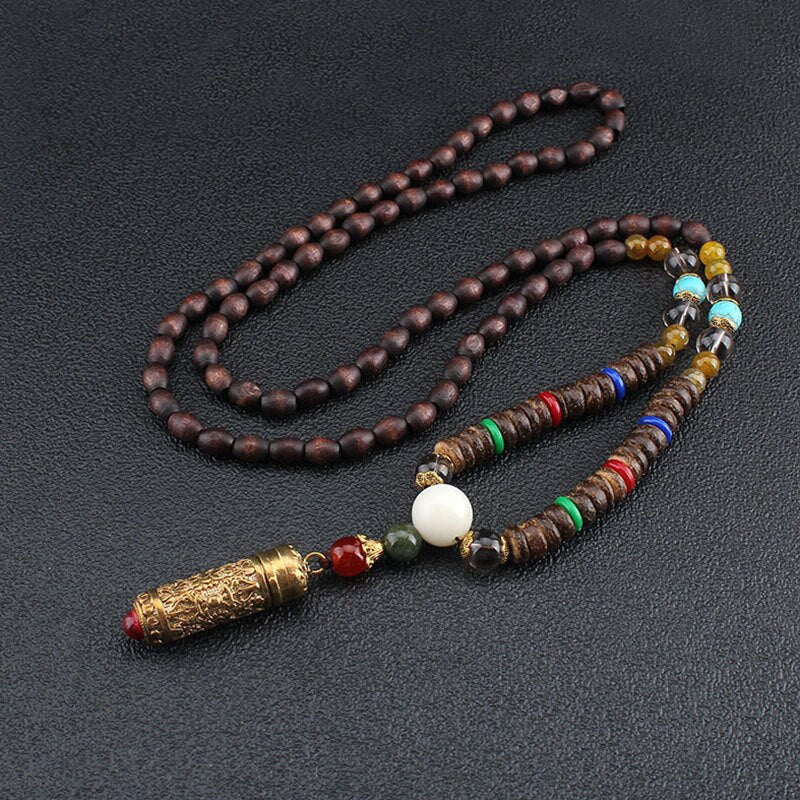 Tibet Prayer Wheel Charms Pendant Necklace Buddhist Mala Wood Beads Necklaces Vintage Mantra Long Sweater Necklace