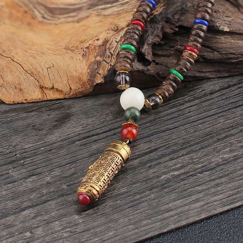 Tibet Prayer Wheel Charms Pendant Necklace Buddhist Mala Wood Beads Necklaces Vintage Mantra Long Sweater Necklace