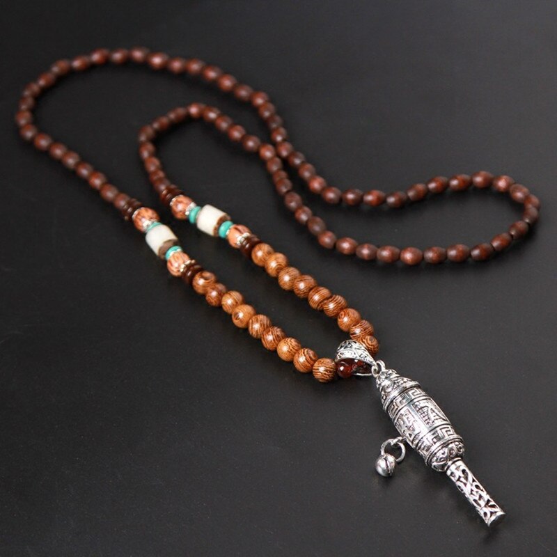 Tibet Prayer Wheel Charms Pendant Necklace Buddhist Mala Wood Beads Necklaces Vintage Mantra Long Sweater Necklace