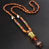 Tibet Prayer Wheel Charms Pendant Necklace Buddhist Mala Wood Beads Necklaces Vintage Mantra Long Sweater Necklace