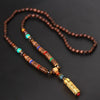 Tibet Prayer Wheel Charms Pendant Necklace Buddhist Mala Wood Beads Necklaces Vintage Mantra Long Sweater Necklace