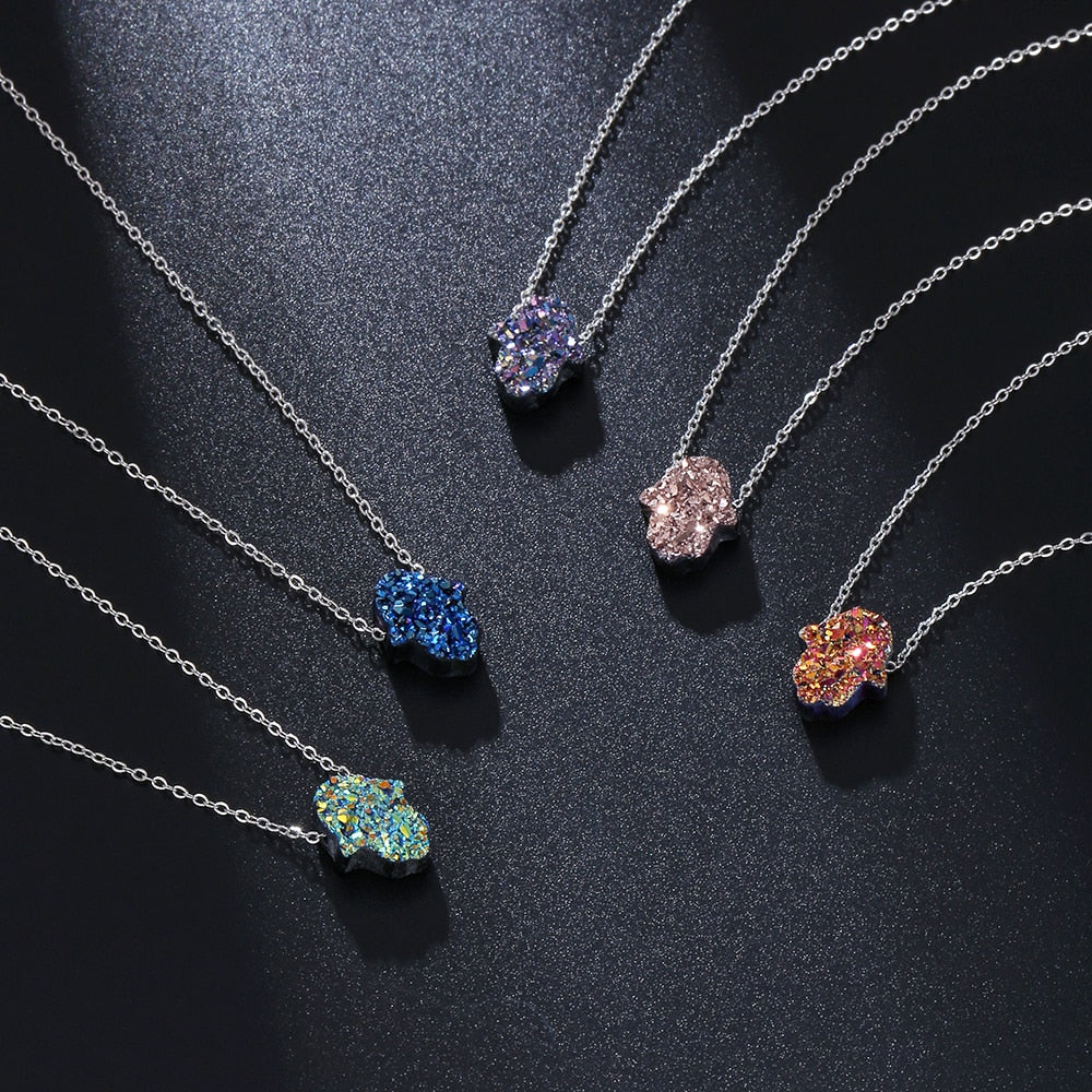 Trend Hand of Hamsa Necklace for Women Stainless Steel Chains 5 Styles Opal Fatima Hand Pendant Necklace With Charm Jewelry