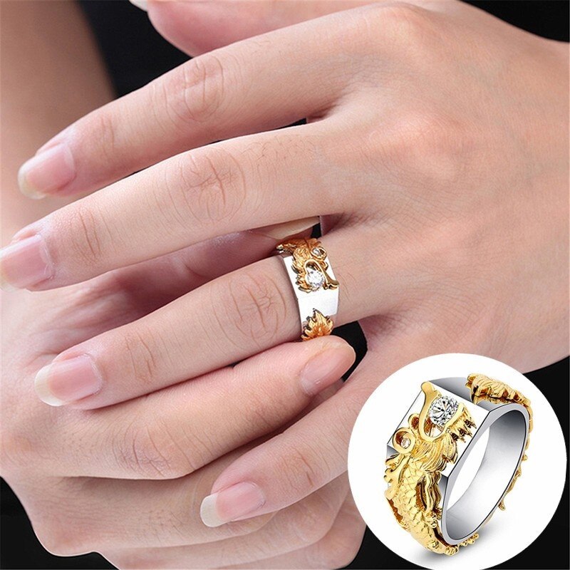 Trendy Animal Gold-Plated Dragon Austrian Rhinestone Inlaid Ring Men's Ring Bohemian Crystal Inlaid Ring Accessories Jewelry