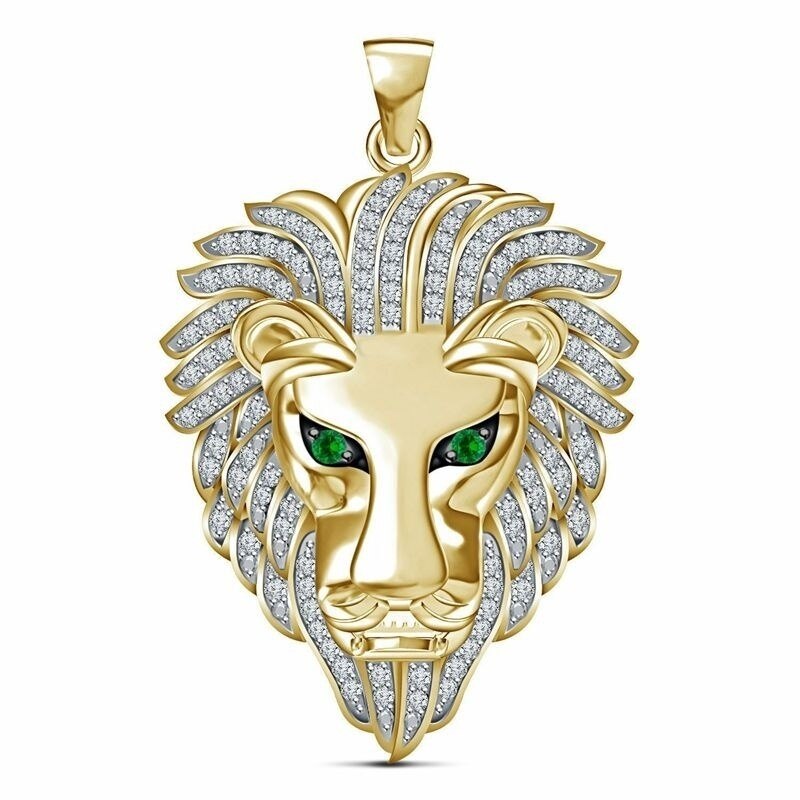 Trendy Animal Lion Head Rhinestone Pendant Necklace for Men Austrian Crystal Green Jade Inlaid Hanging Necklace Accessories