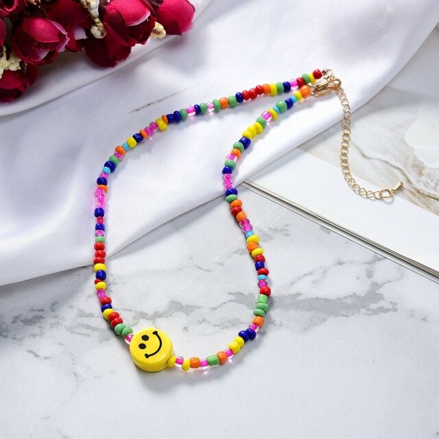 Trendy Beaded Choker Colorful Transparent Daisy Flower Smiley Necklace for Women Summer Jewelry