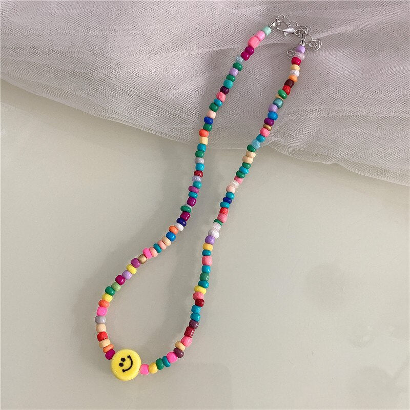 Trendy Beaded Choker Colorful Transparent Smiley Necklace for Women Summer  Jewelry