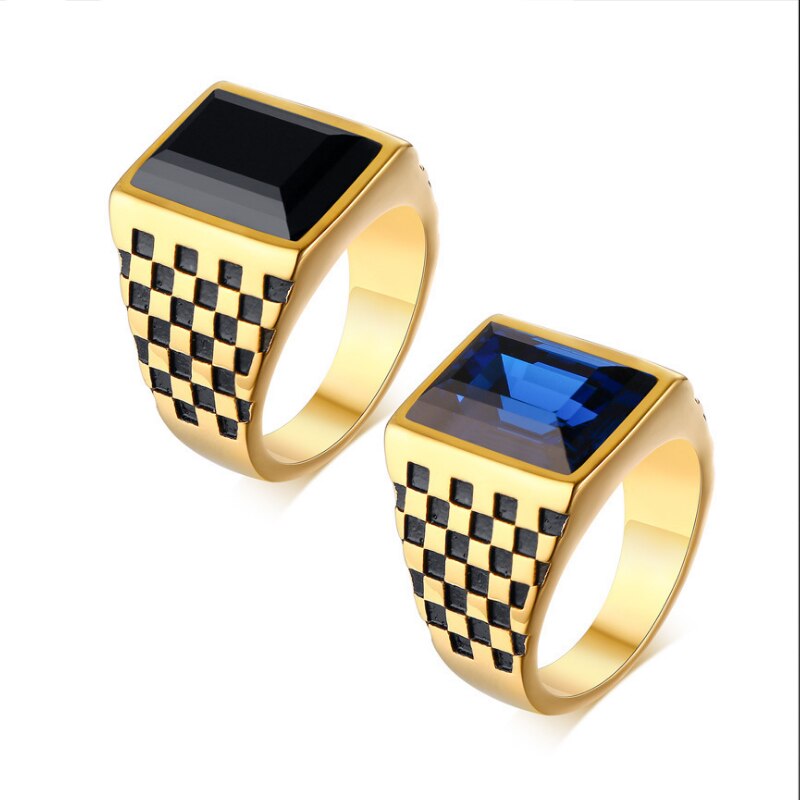 Trendy Bohemian Blue Crystal Inlaid Ring Men's Ring Metal Gold-Plated Crystal Inlaid Ring Accessories Party Jewelry