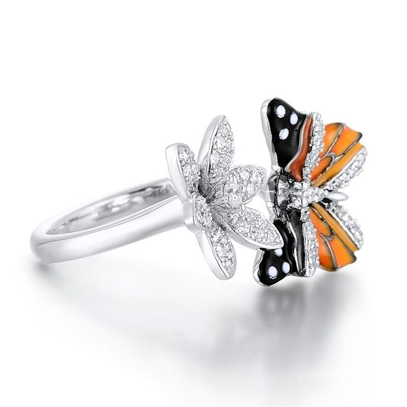 Trendy Bohemian Crystal Inlaid Animal Butterfly Ring for Women Butterfly and Crystal Flower Ring Accessories Jewelry