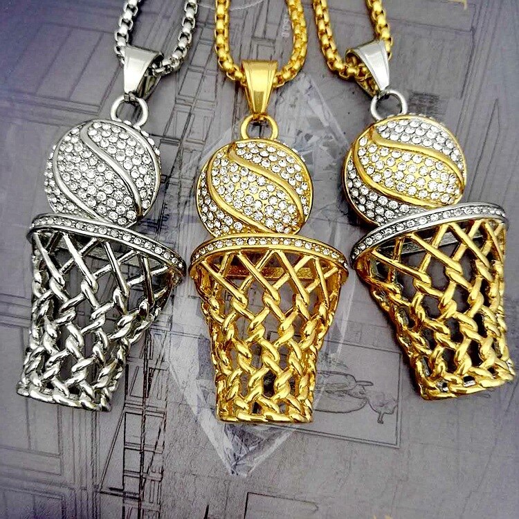 Trendy Bohemian Crystal Inlaid Necklace Basketball Basketball Box Frame Pendant For Men Gold-plated Metal Sliding Necklace