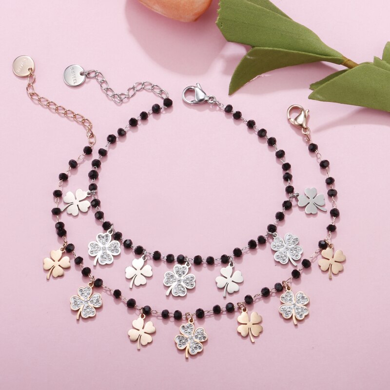 Trendy Clover Black Beaded Bracelet For Woman Rose Gold Silver Color Crystal Charm Bracelet Jewelry Party Gift
