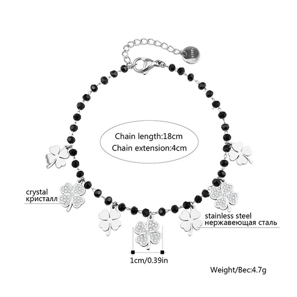 Trendy Clover Black Beaded Bracelet For Woman Rose Gold Silver Color Crystal Charm Bracelet Jewelry Party Gift