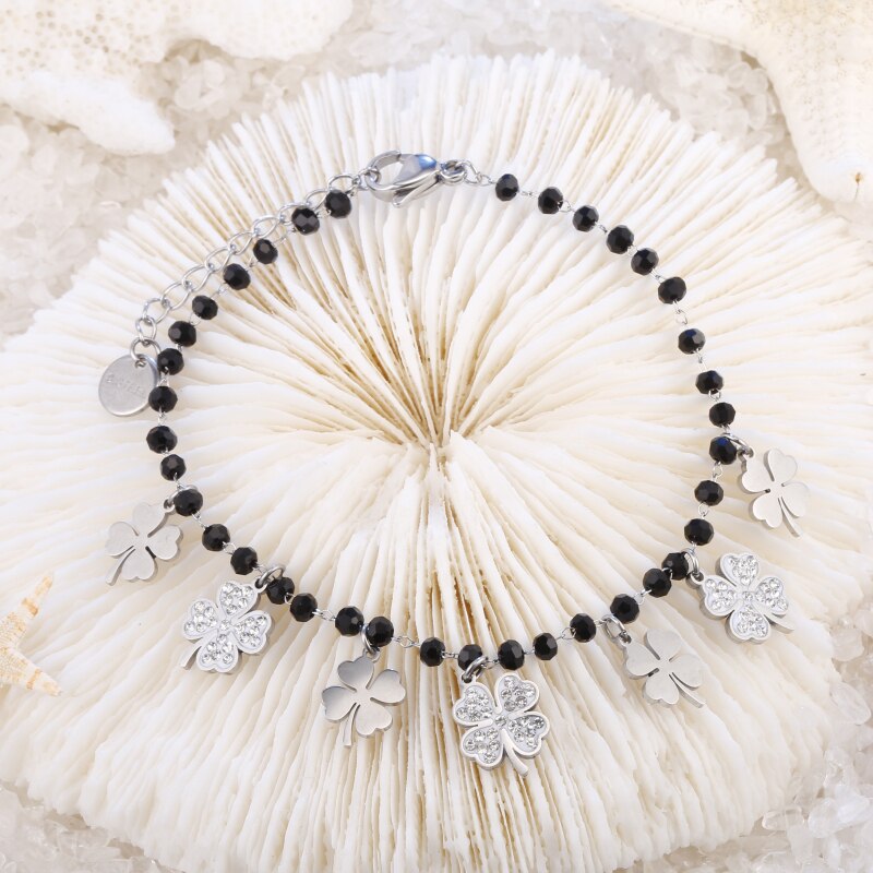 Trendy Clover Black Beaded Bracelet For Woman Rose Gold Silver Color Crystal Charm Bracelet Jewelry Party Gift